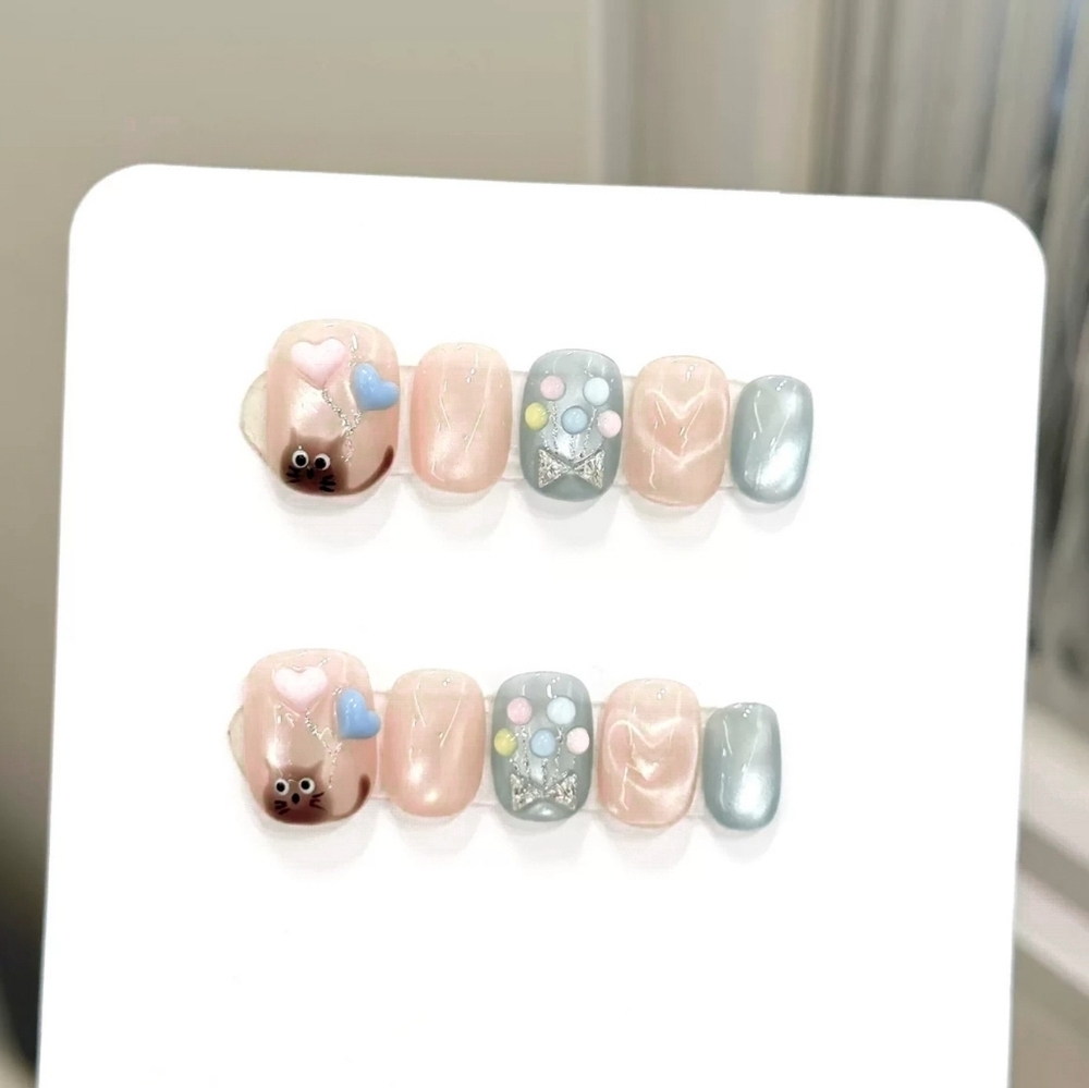 Kawaii Pastel Kitten & Balloon Press On Nails 3D Heart Cat Eye Art Size Small
